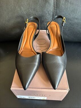 SARTO By Franco Sarto Black Pointed Slingback Heels with Gold Buckle